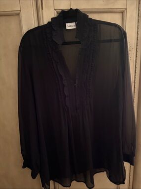 Chico's Black Sheer Ruffled V-Neck Blouse